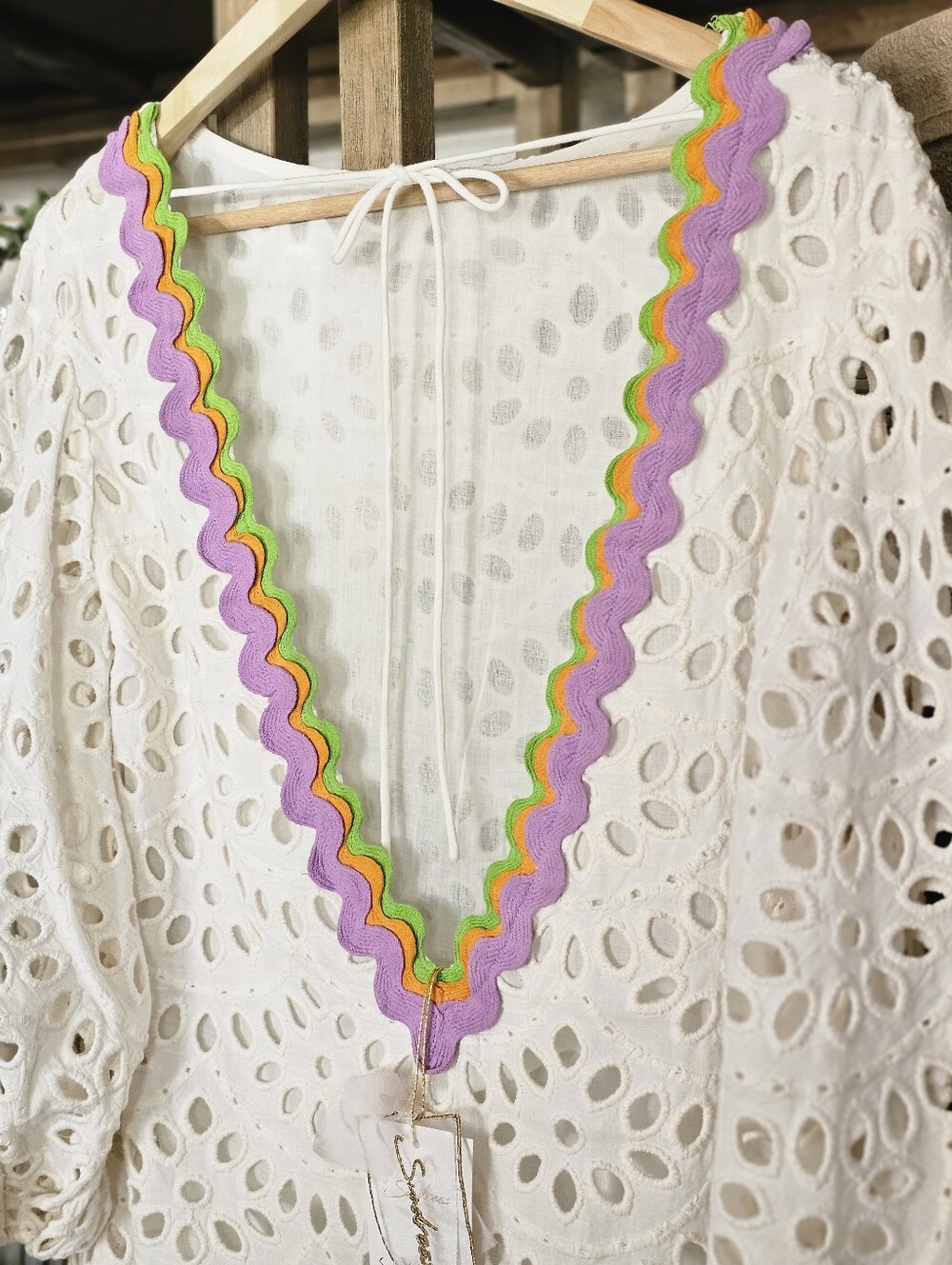 Sundress Edo Cotton Eyelet Babydoll Mini Dress V Plunging Neckline Ric Rac Trim - Picture 13 of 16
